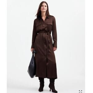 Madewell Silk Belted Midi Shirtdress Dark Carob Brown Small Minimalist Neutral